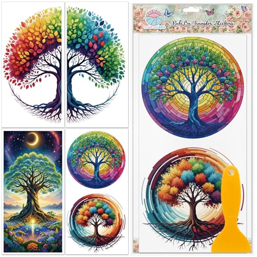 GLOBLELAND Lot de 4 feuilles de transfert d'arbre de vie magique pour meubles - 15,2 x 30,5 cm - Arbre coloré magique - Autocollants muraux pour décoration de chambre à coucher, salon