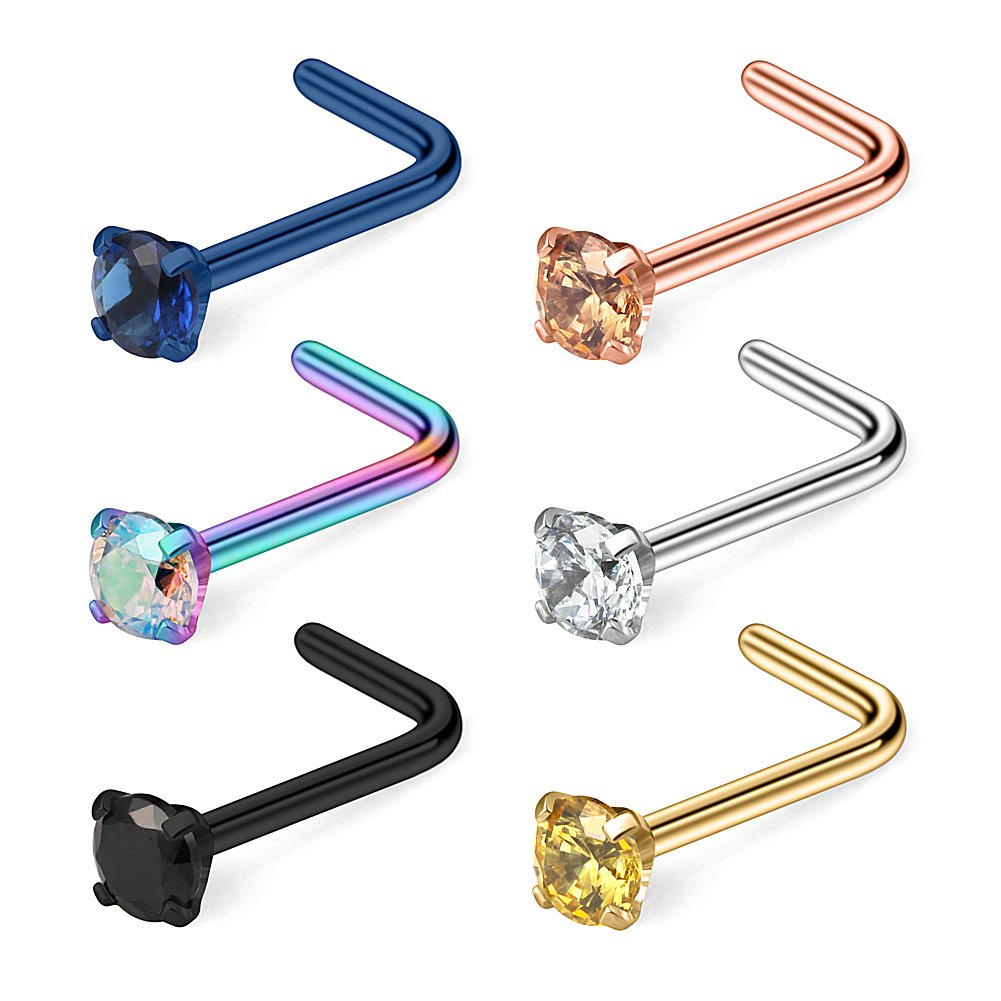 Ruifan 6PCS 22G Surgical Steel Mix Color Diamond CZ Nose Stud Rings L Shaped Piercing Jewelry 1.5mm 2mm 2.5mm 3mm