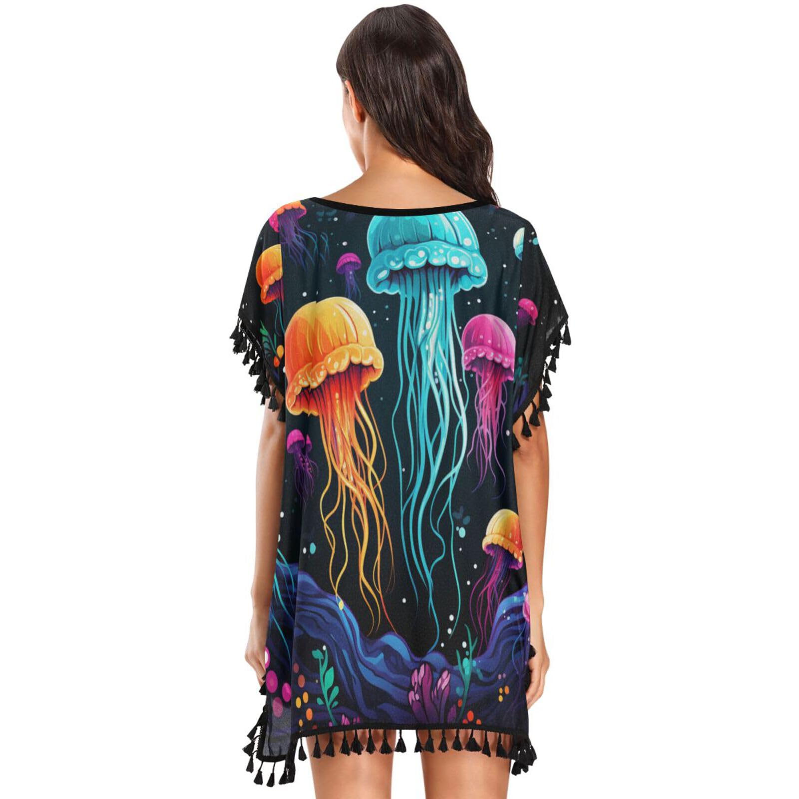 KAAVIYO Colorful Jellyfish Dark Sea Women's Beach Cover Up Chiffon Tassel Swimwear Swimsuit Coverups for Girl