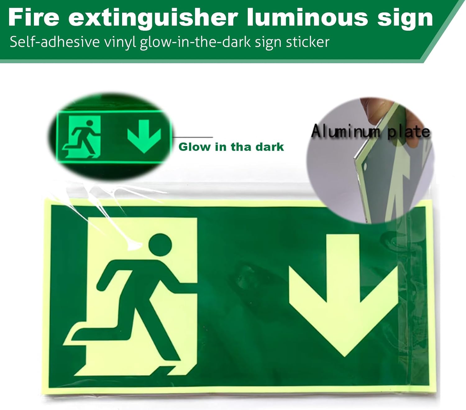 Pack of 8 Emergency Exit Sign, Afterglowing, Escape Route Signs, Photoluminescent Self-Adhesive, Illuminated Exit Sign with Arrow, PVC Rescue Route Signs 150 x 300 mm