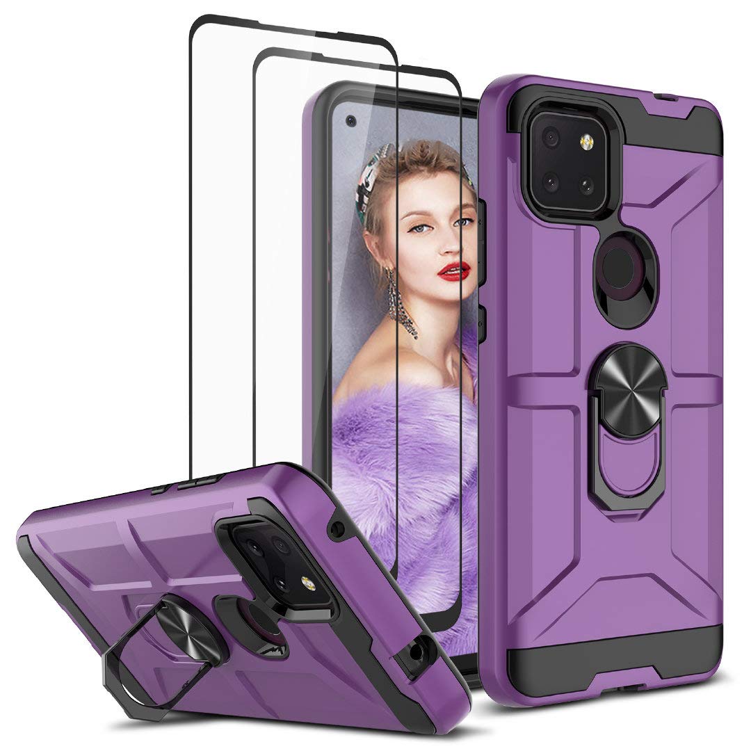 [3 Items] Jeylly 1 Case for TCL Revvl 5G + 2 Tempered Glass Screen Protector, 360 Degree Rotation Ring Kickstand Support Magnetic Heavy Duty Shock