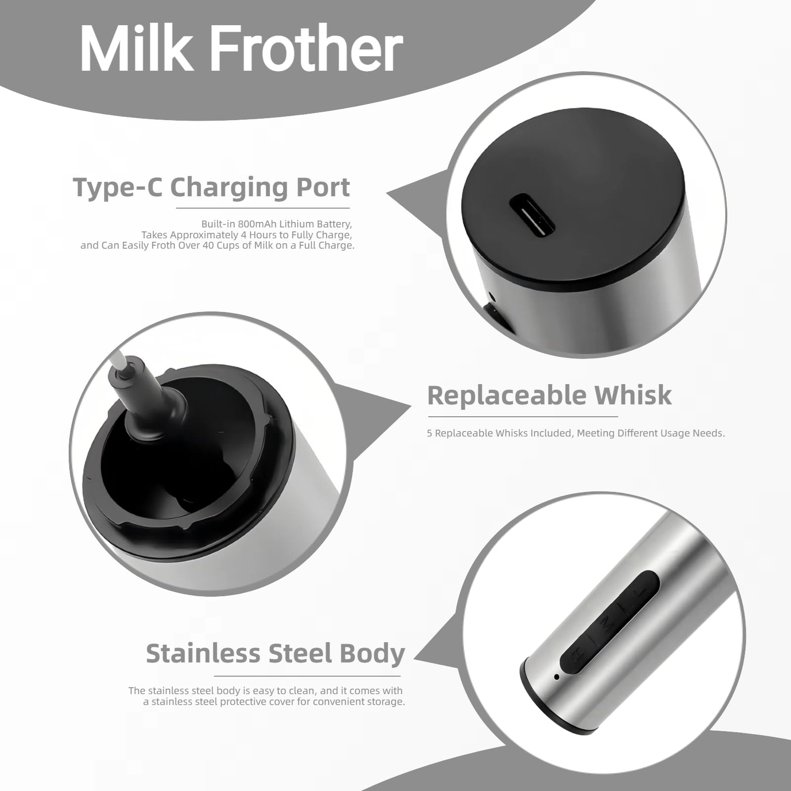 Espumador de leche recargable Hanheld, batidor de café eléctrico de 5 funciones, espumador de mano portátil para café con leche matcha, capuchino, regalo de cocina, acero inoxidable plateado