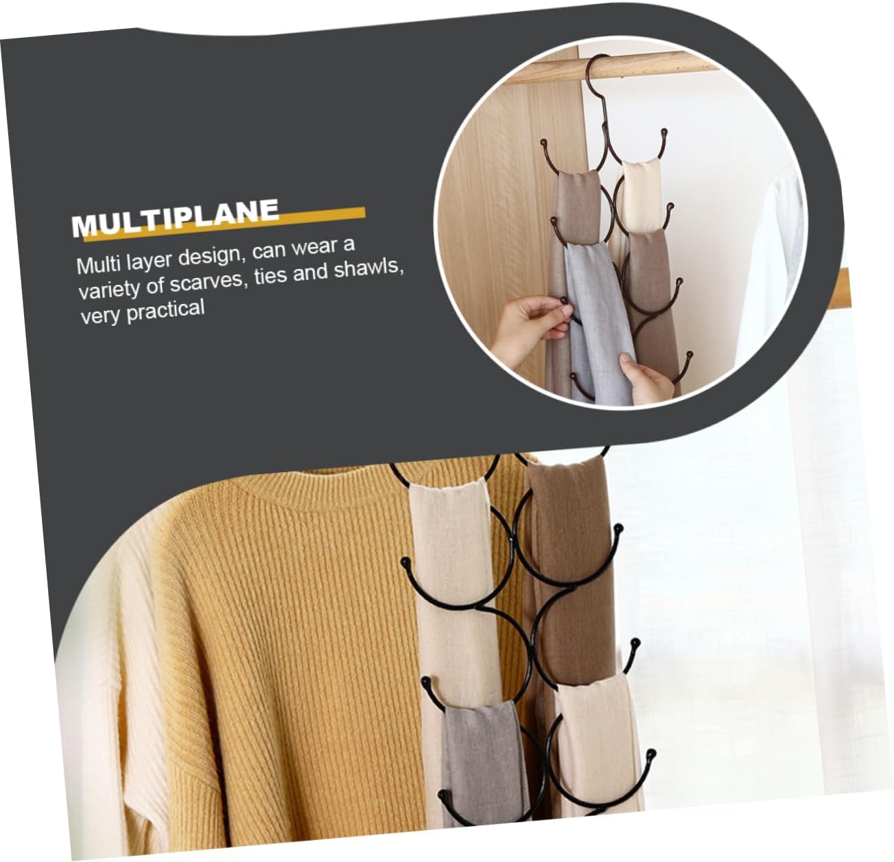 Multi Iron Scarf and Tie Organizer Hanging Rack Space Saving Closet Accessory with Over Closet Hook for Neat Storage of Scarves Ties and Belts Lightweight Black Multi Function