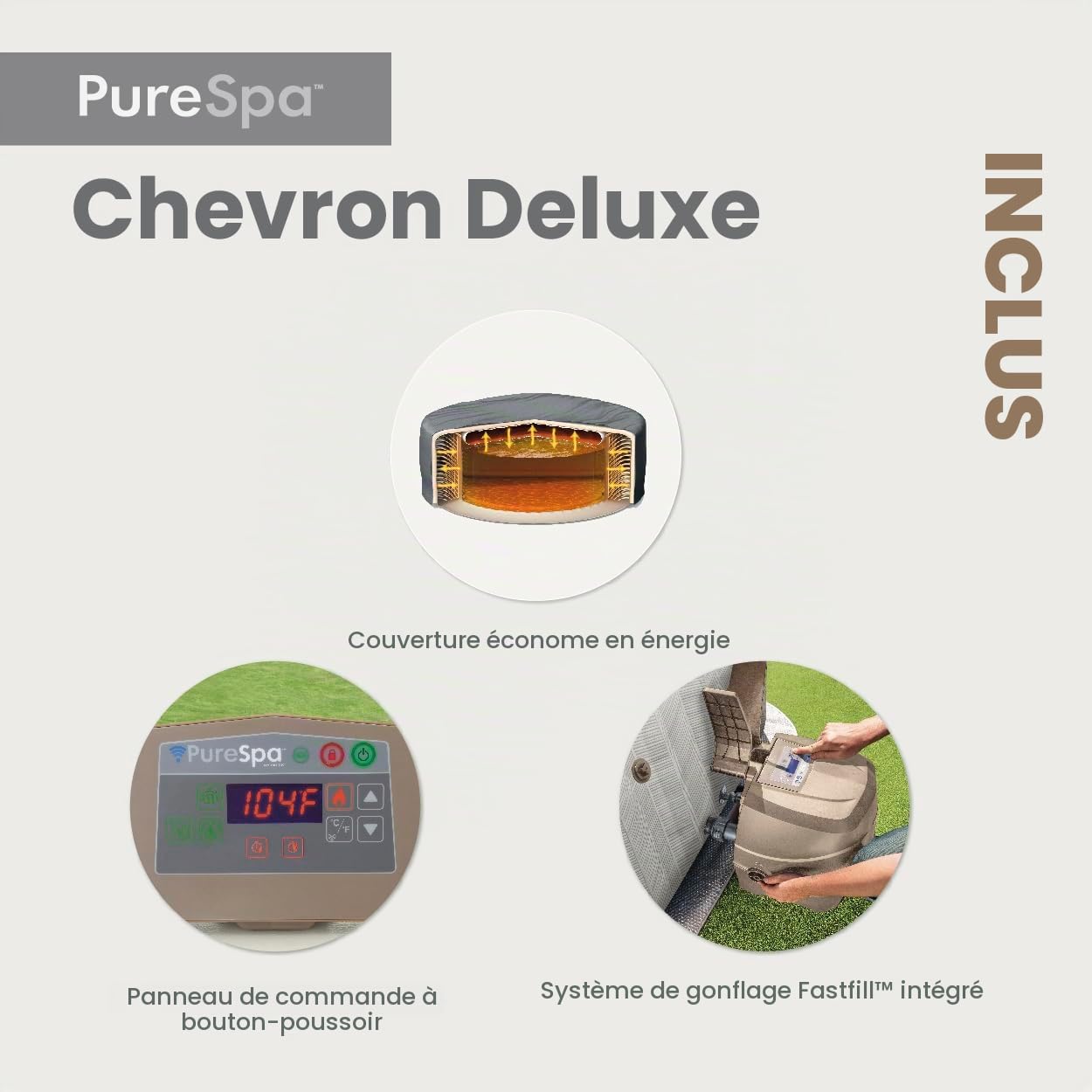 INTEX 28445EH Bain à remous Portable Gonflable d'extérieur Deluxe PureSpa Chevron pour 4 Personnes, avec Couverture de Spa économe en énergie, Application de contrôle de Spa, système d'eau salée prêt