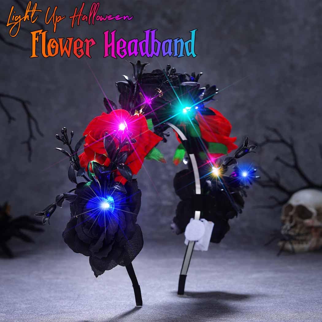 Fashband Light Up Halloween Flower Headband LED Black Hair Bands Gothic Hair Hoops Day of the Dead Party Headpiece for Women - Image 2