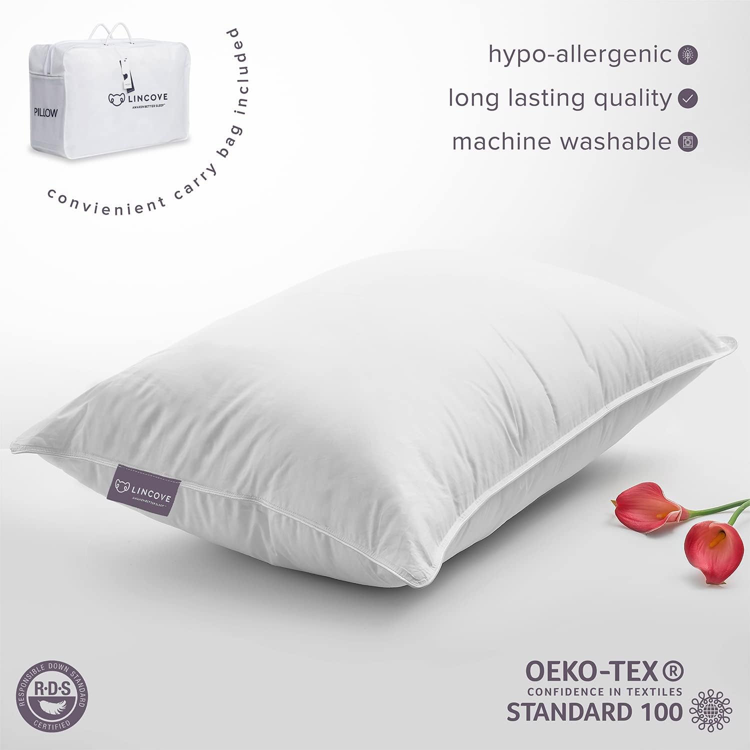 Lincove Goose Feathers and Down Pillow – Luxury Hotel Collection Bed Pillows for Back & Side Sleepers, Premium 100% Cotton Fabric Cover (Standard Size, Pack of 1) : Home & Kitchen