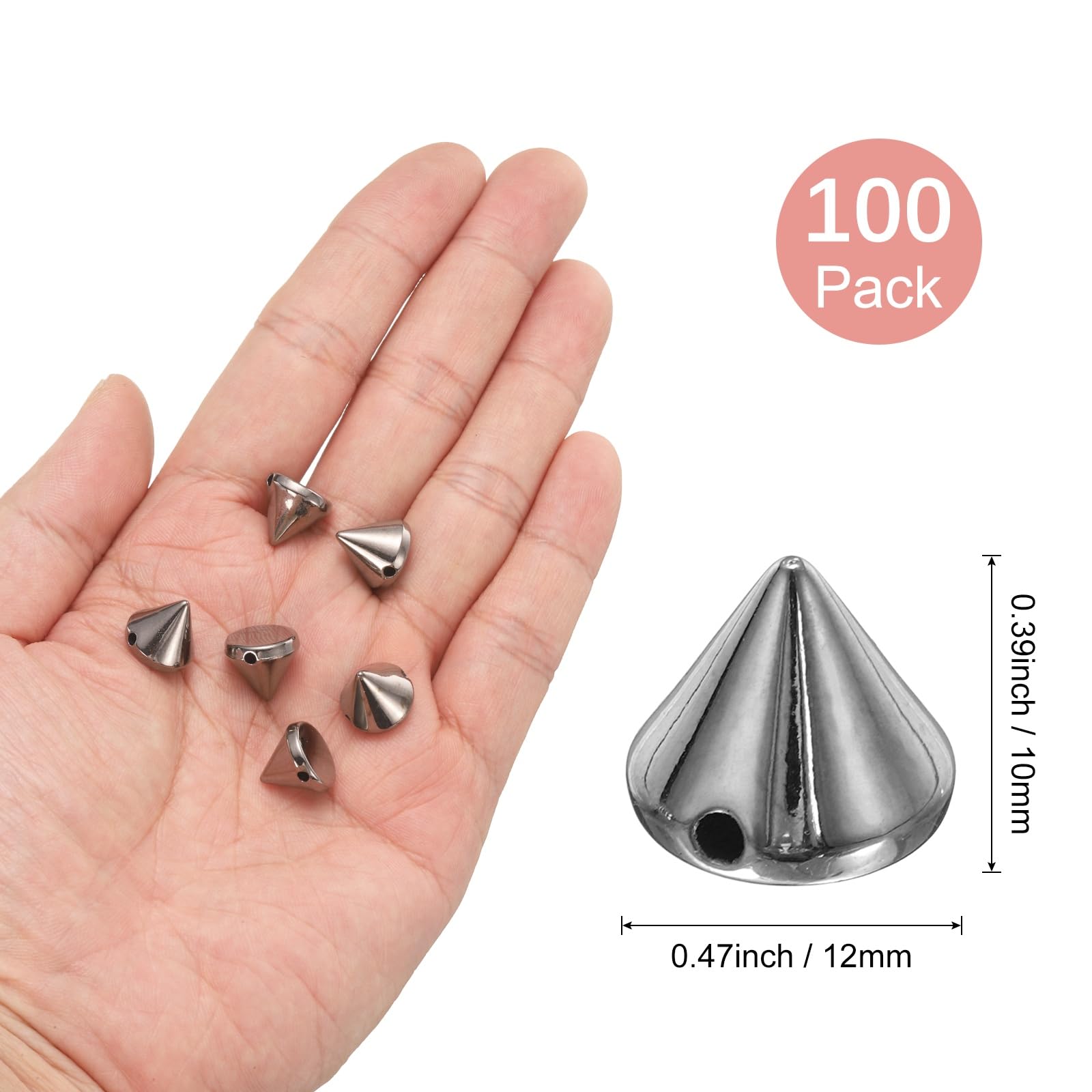 M METERXITY 100-Pack Spike Cone Studs 12x10 mm Plastic Flat Back Sew on Punk Style Spike Stud with Hole for Garments/Shoes/Bags/DIY Leather Craft/Fabric Clothes Metallic Black - Image 3