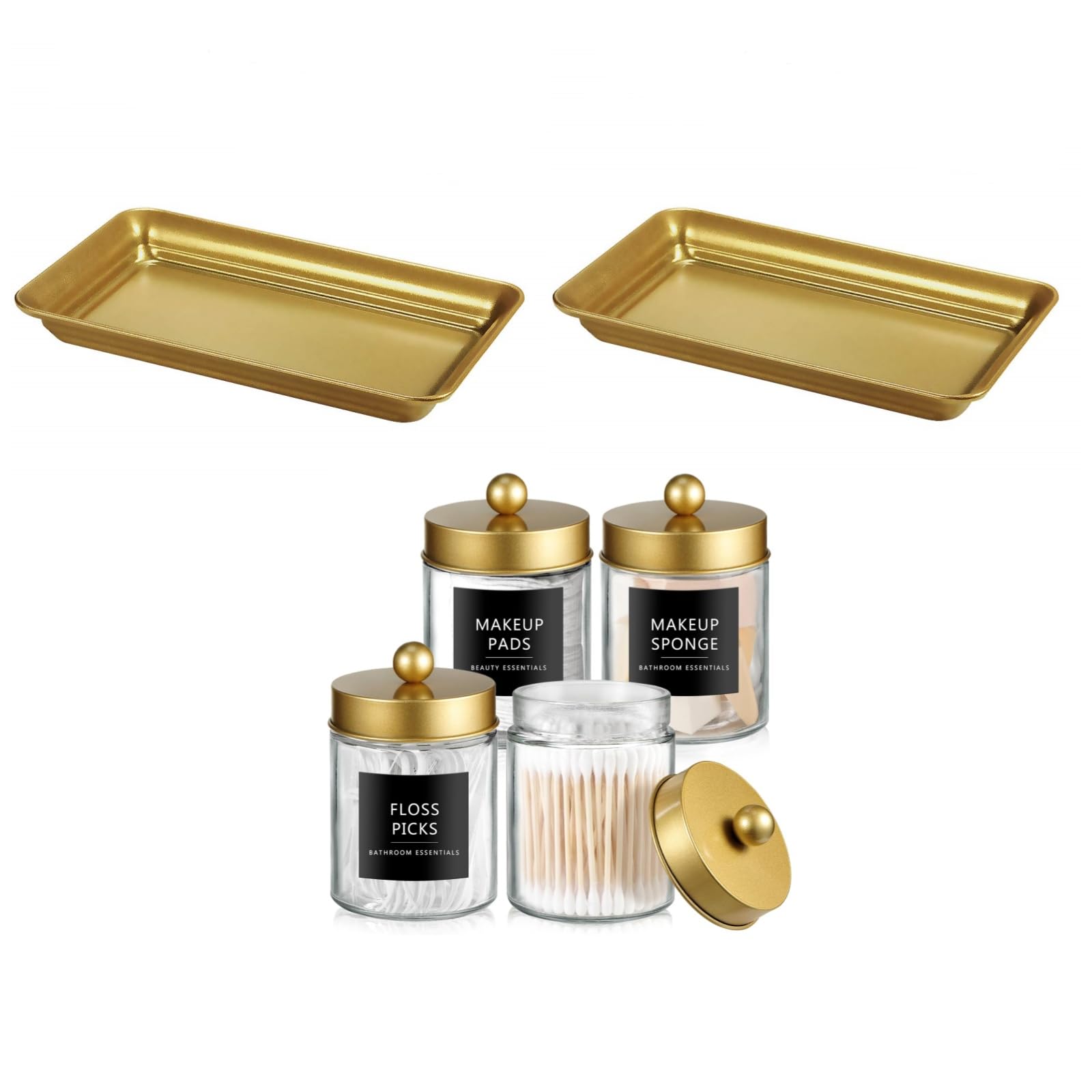 SheeChung Qtip Dispenser Holder 4pcs Glass Apothecary Jars with Gold Stainless Steel Lids and Vintage Farmhouse Decor Metal