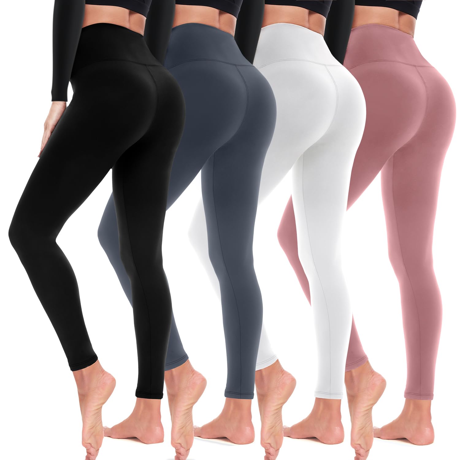 Aoliks Lot de 4 leggings pour femme, taille haute, contrôle du ventre, pantalon de yoga, entraînement, course à pied, 04 Noir/Gris/Blanc/Rose, S-M