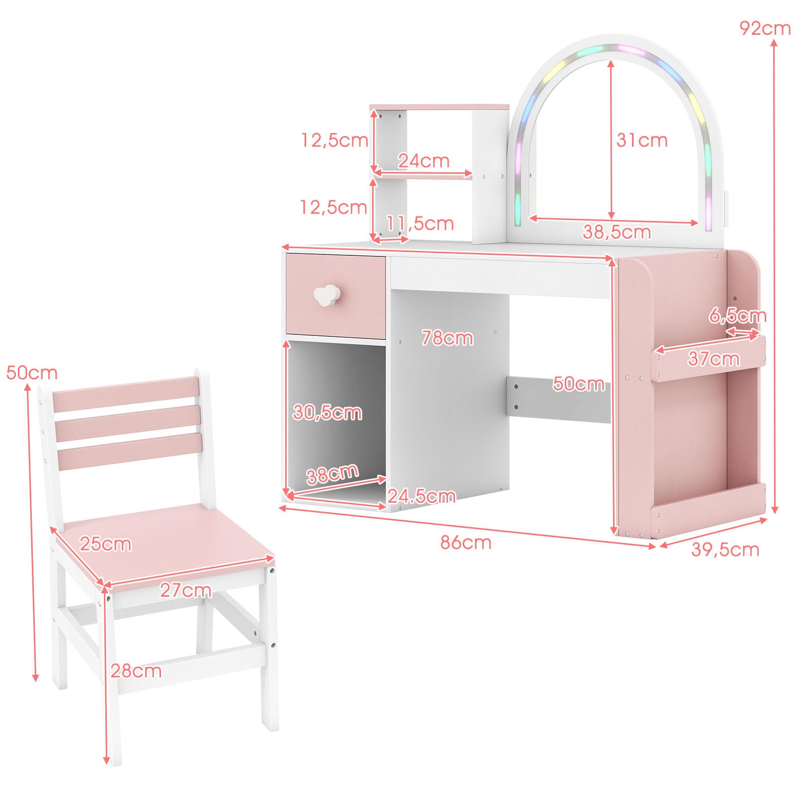 RELAX4LIFE 2 in 1 Toeletta Trucco Bambina con Luci Colorati, Tavolo e Sedia in Legno con Specchio Acrilico e Libreria, Postazione Trucco per Bambini 3+ Anni (Bianco)