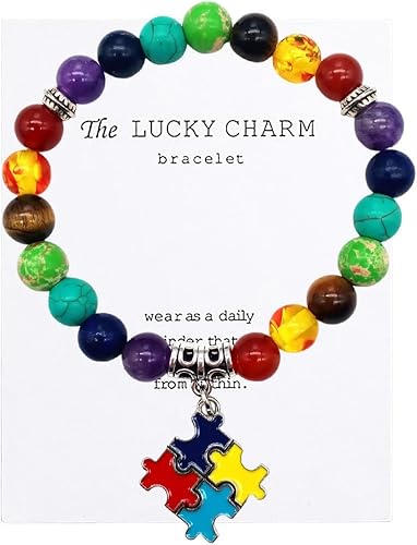 Pulsera con cuentas de piedra natural de 7 chakras para concientización sobre el autismo, corazón y cinta cruzada, rompecabezas redondo, cordón