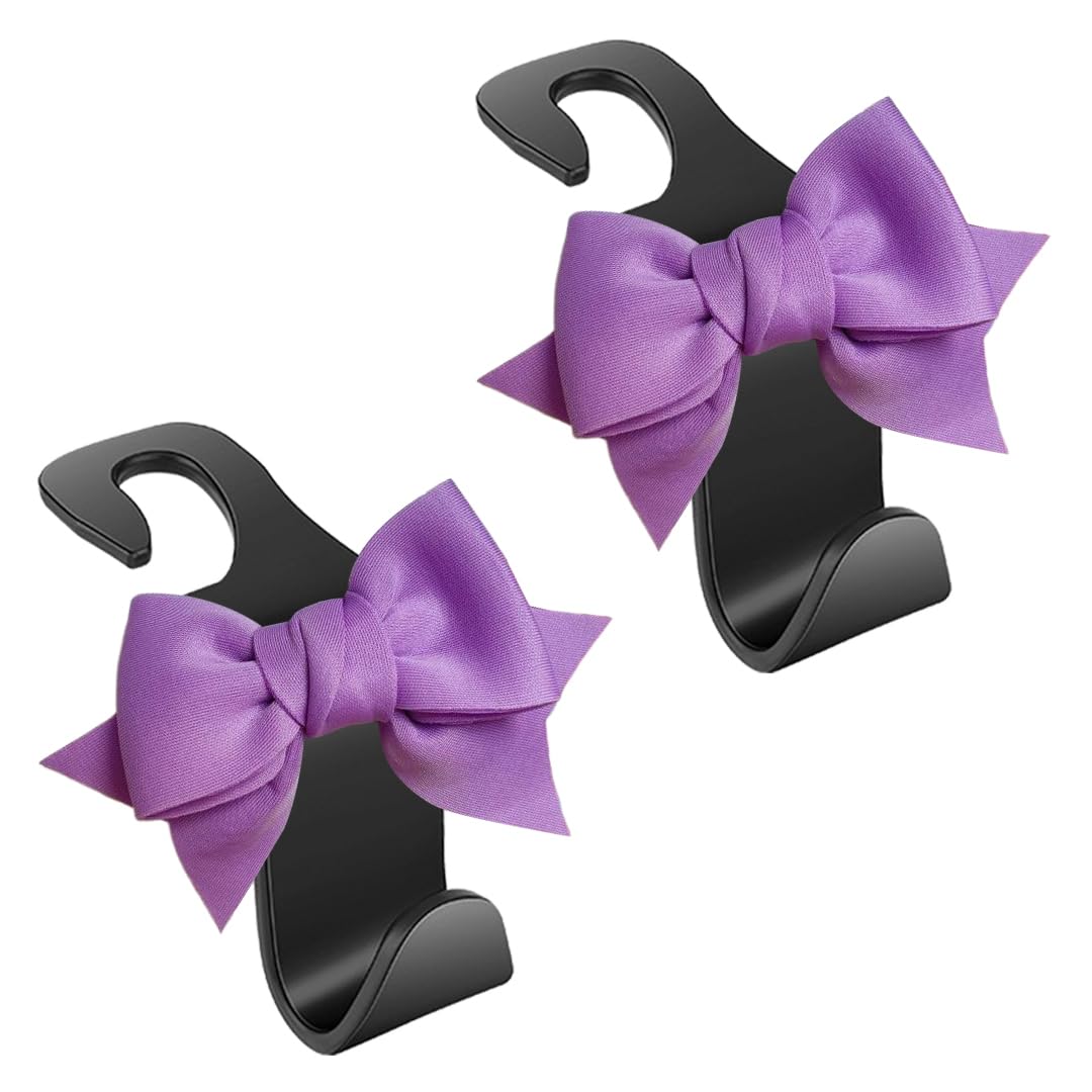 luchike 2 Pack Bow Car Purse Hook Car Bag Hooks Car Hooks for Purses and Bags Cute Car Seat Back Storage Hook for Headrest Purple Bow