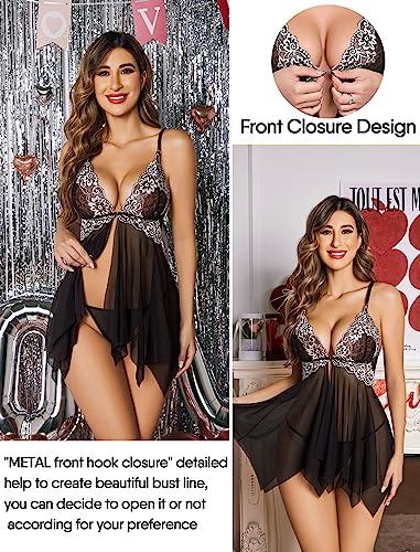 Image of Avidlove Women Lace Lingerie Front Closure Babydoll V Neck Nightwear Sexy Chemise Nightie