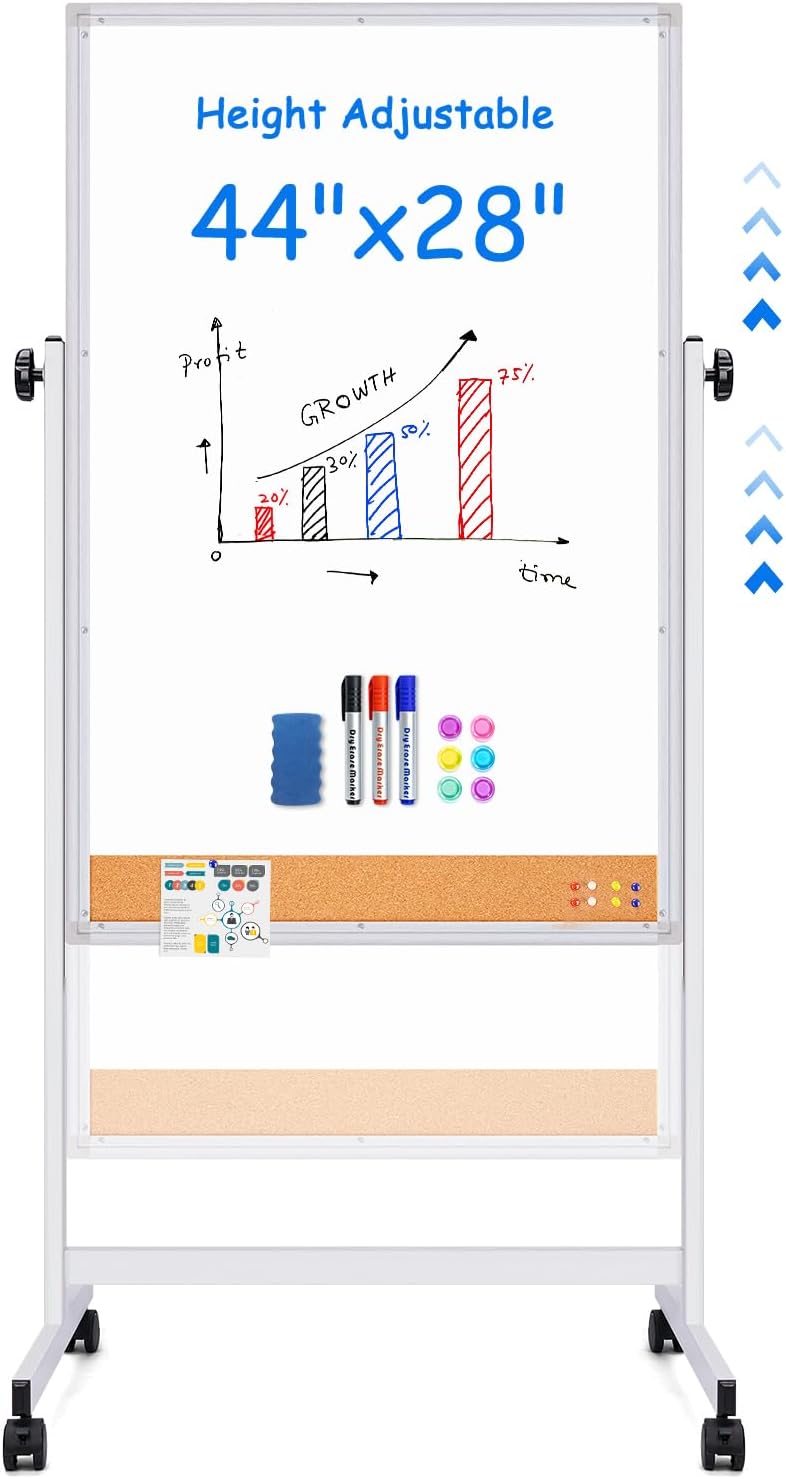 maxtek Rolling White Board, 44x28 Inches Magnetic Cork Board Combo, Portable Double-Sided Dry Erase Board on Wheels, Height Adjutable Easel Board for Home, School, Office 44x28 in Silver&Cork