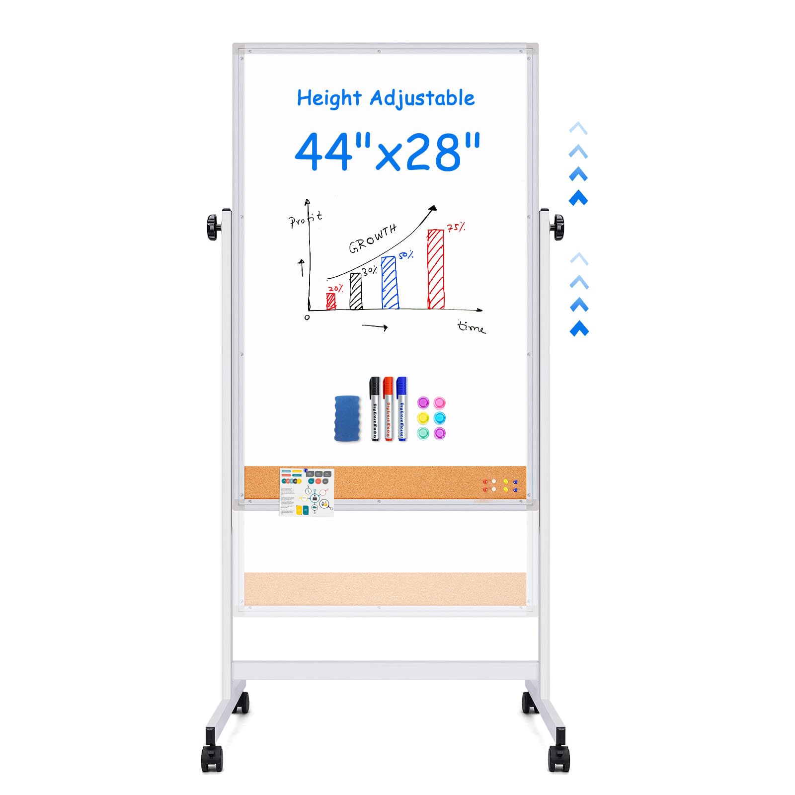 Maxtek Rolling White Board 48 x 24 in, Magnetic Cork Board Combo on Wheels