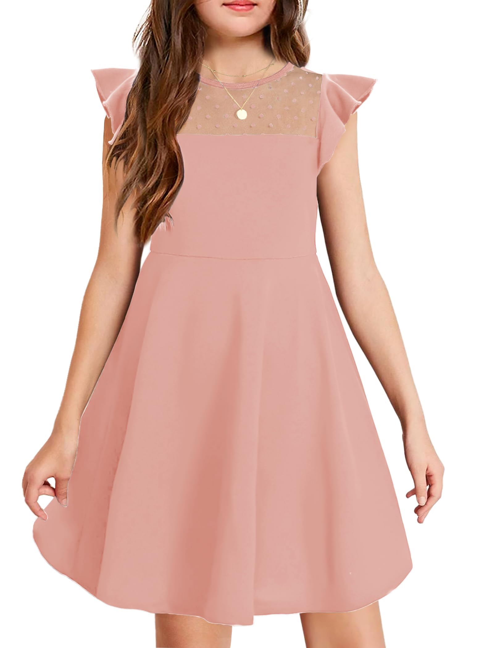 Arshiner Mädchen Kleid Sommerkleid Rüschen Kurzärmel Mesh A Line Casual Partykleider mit Taschen Kinder Kleider für 6-13 Jahre