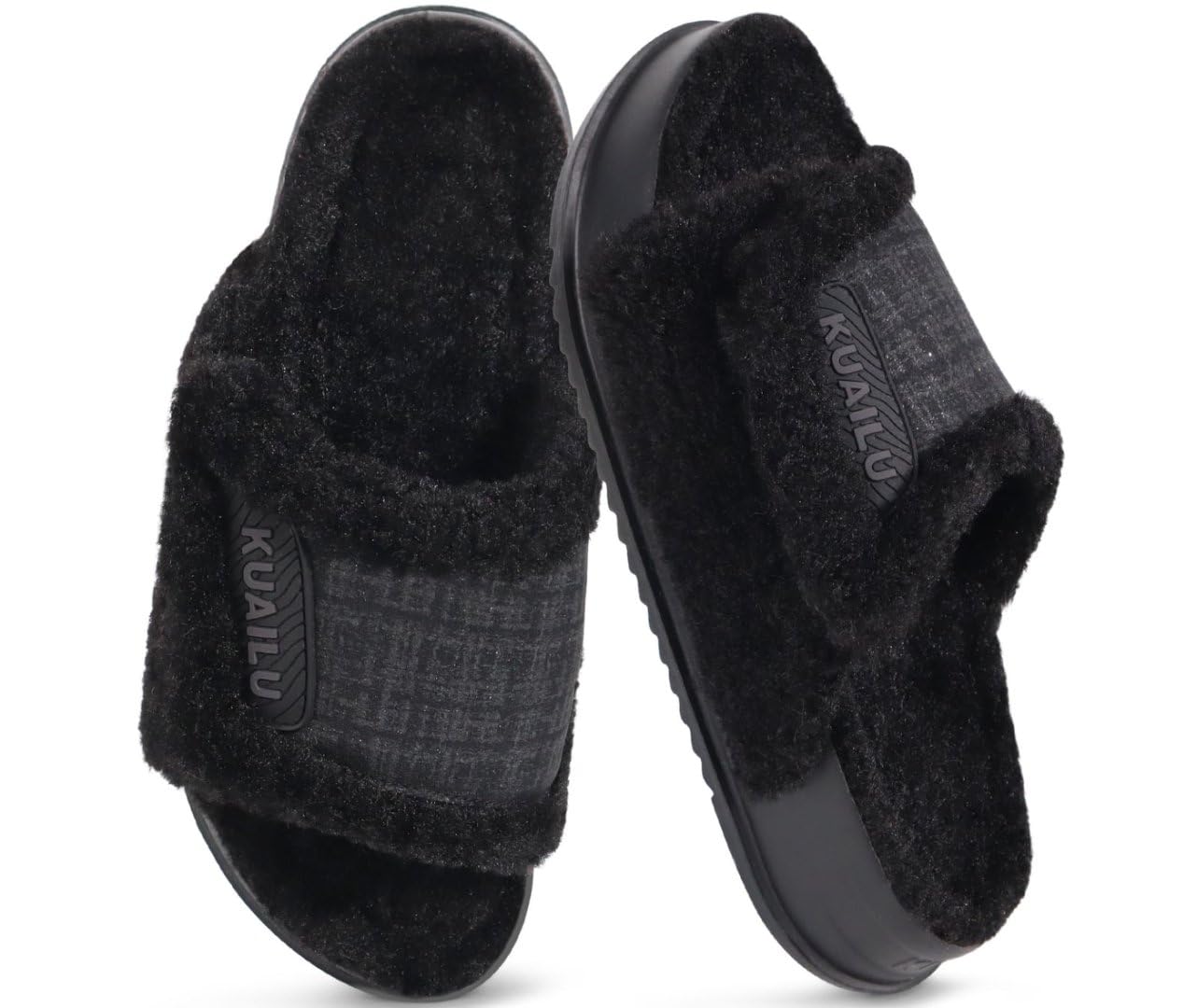 Cushion Slippers For Women with Orthotic Arch Support Wide Adjustable Open Toe Furry Fur Sandals Warm Teddy Fleece Recovery Slides Slip On House Shoes Indoor Outdoor Outfits