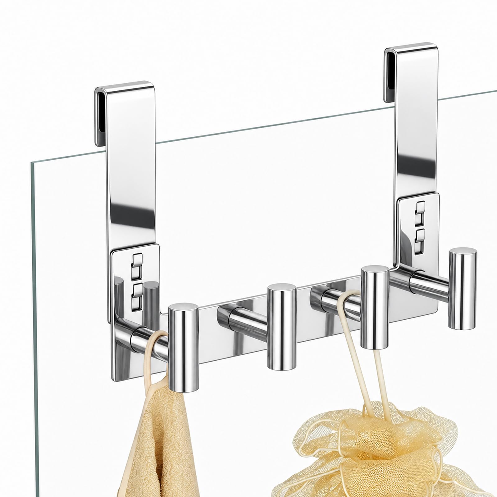 PMMASTO No-Drill Extra Long Shower Hooks, Fits 3/8" Thick Door, Heavy Duty Stainless Steel Towel Hooks for Frameless Glass Shower Door, Holds Bathrobe Towel (Polished Silver, 4 T-Hooks)