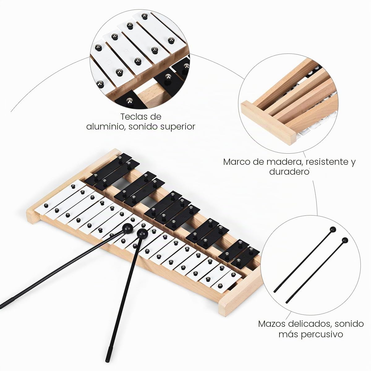KOMFOTTEU Xilófono de 27 Notas, Glockenspiel con Teclas de Aluminio y Base de Madera, Instrumento de Percusión con 2 Mazos, Bolsa de Transporte, Carrillón para Niños y Adultos