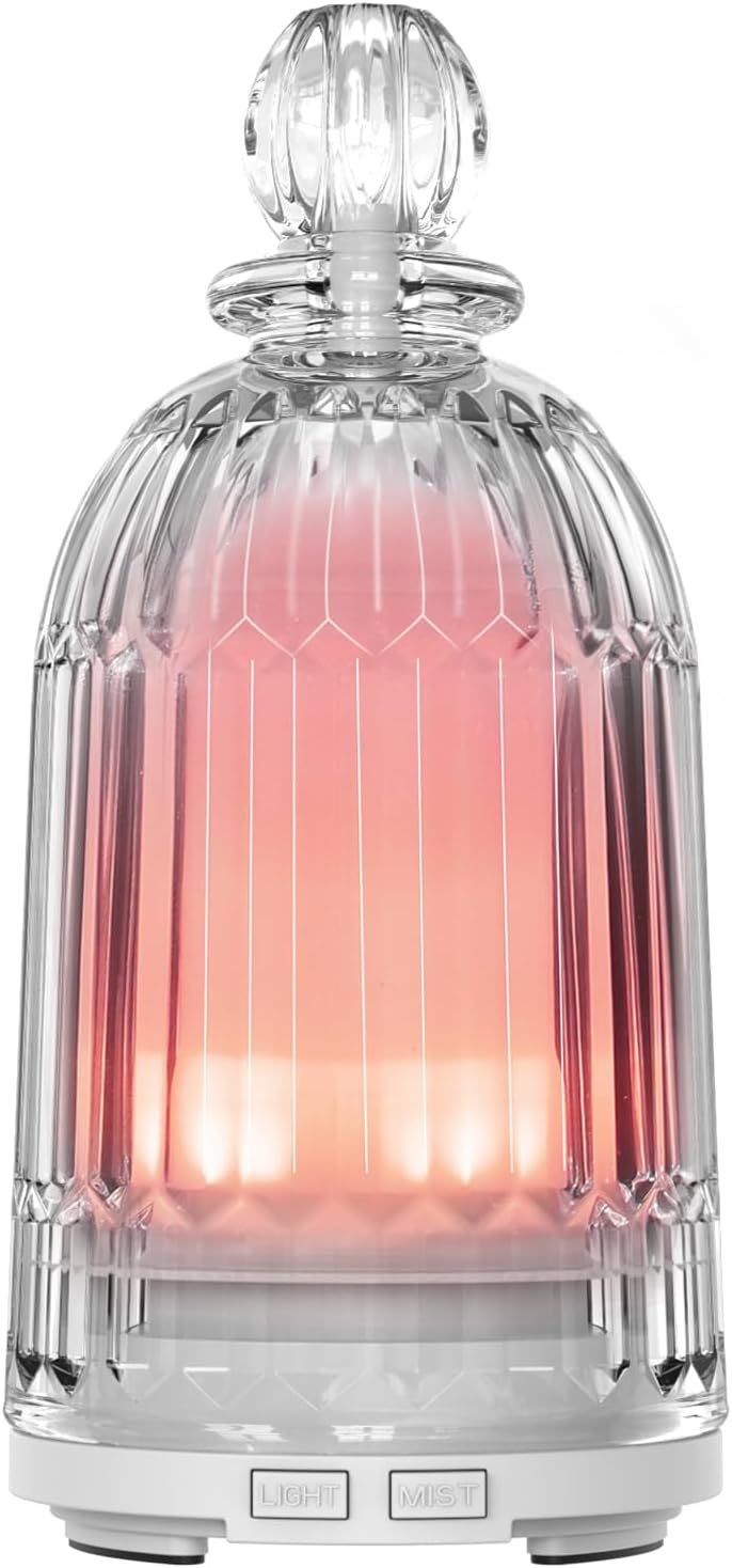 Glass Essential Oil Diffuser, 120ML Cool Mist Humidifier Ultrasonic Aromatherapy Diffuser with 7 LED Color Changing Light, Auto Shut-Off Safety for Home Office Spa(White Base)