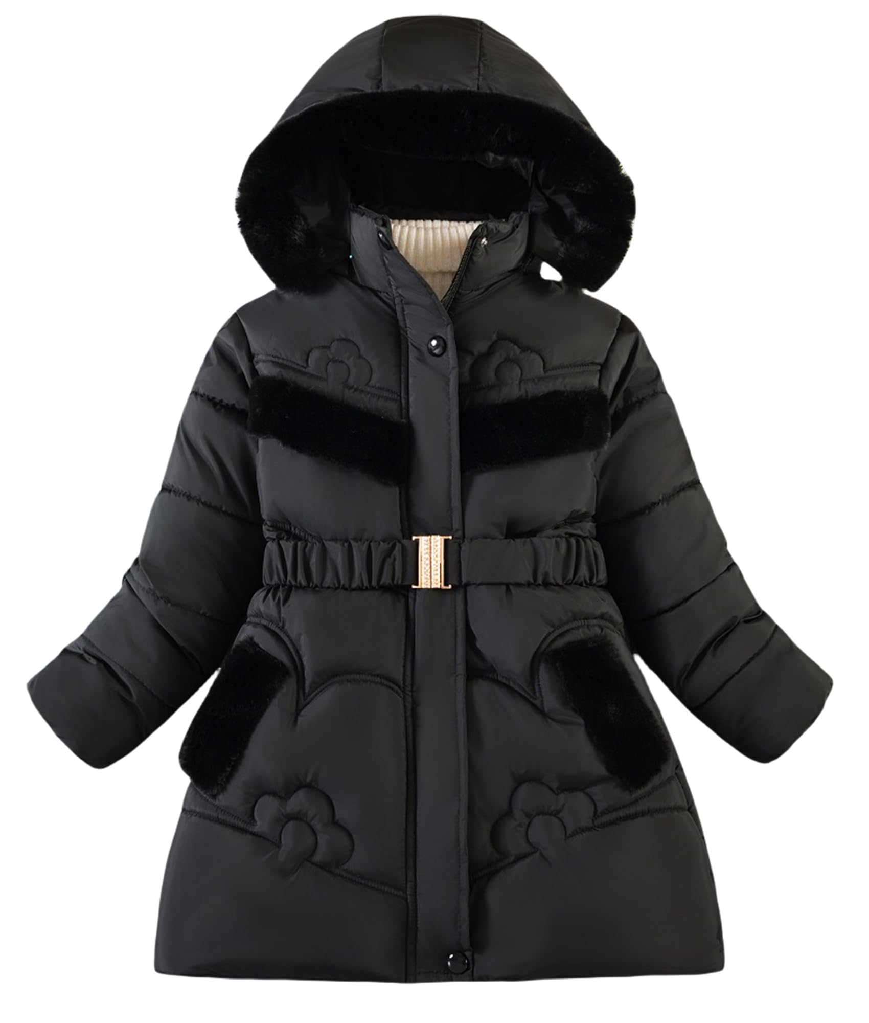 Happy Cherry Mädchen Wintermantel mit Taille Gürtel und Taschen Mitte Lange Warme Jacke mit Kapuze