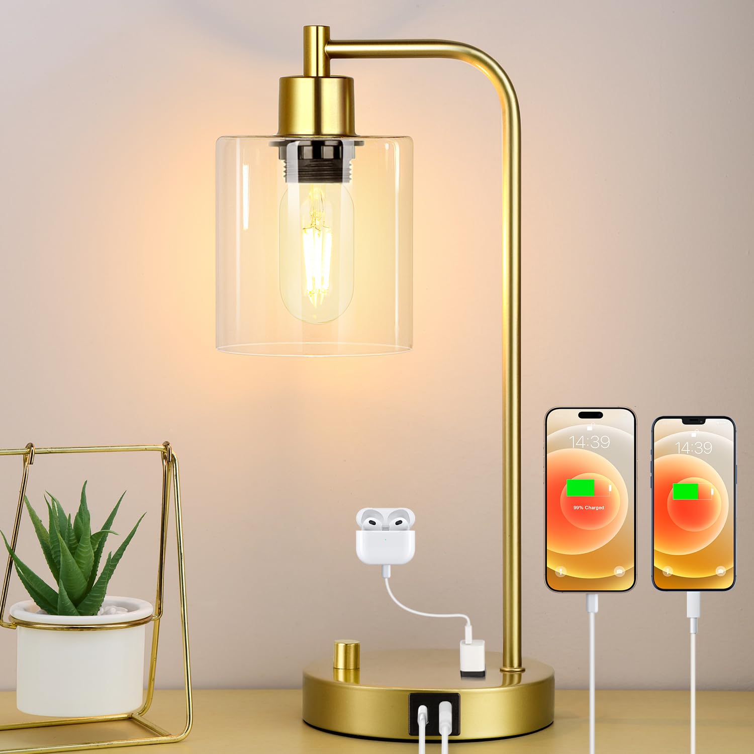 Gold Industrial Table Lamp with USB A+C Ports & Outlet, Fully Stepless Dimmable Modern Nightstand Lamp, Glass Shade Bedside Desk Lamp for Bedroom Living Room Office, 8W 2700K LED Edison Bulb Included