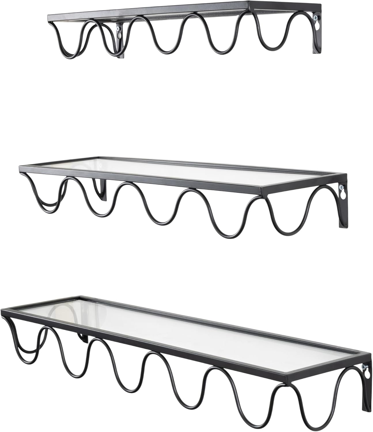 Deco 79 Glass Room Wall Shelf Floating Shelf with Metal Frame, Set of 3 Display Shelf 24", 20", 17" W, Black