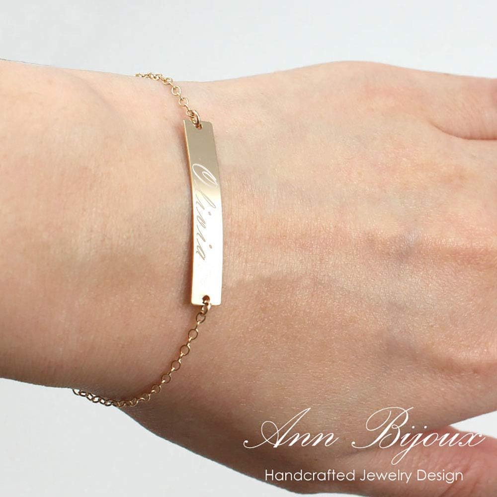 AnnBijoux Engraved Name Initial Nameplate ID Bracelet Gold Filled Sterling Silver Initial Bar Jewelry Birthday Present