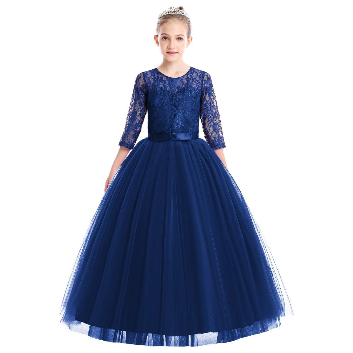 ABEHIK Mädchen Blumenmädchen Hochzeit Spitze Tütükleid Prinzessinkleid Sieben-Viertel-Ärmel Florale Abendkleid für Kinder Festliches Tüll Partykleid Maxikleid