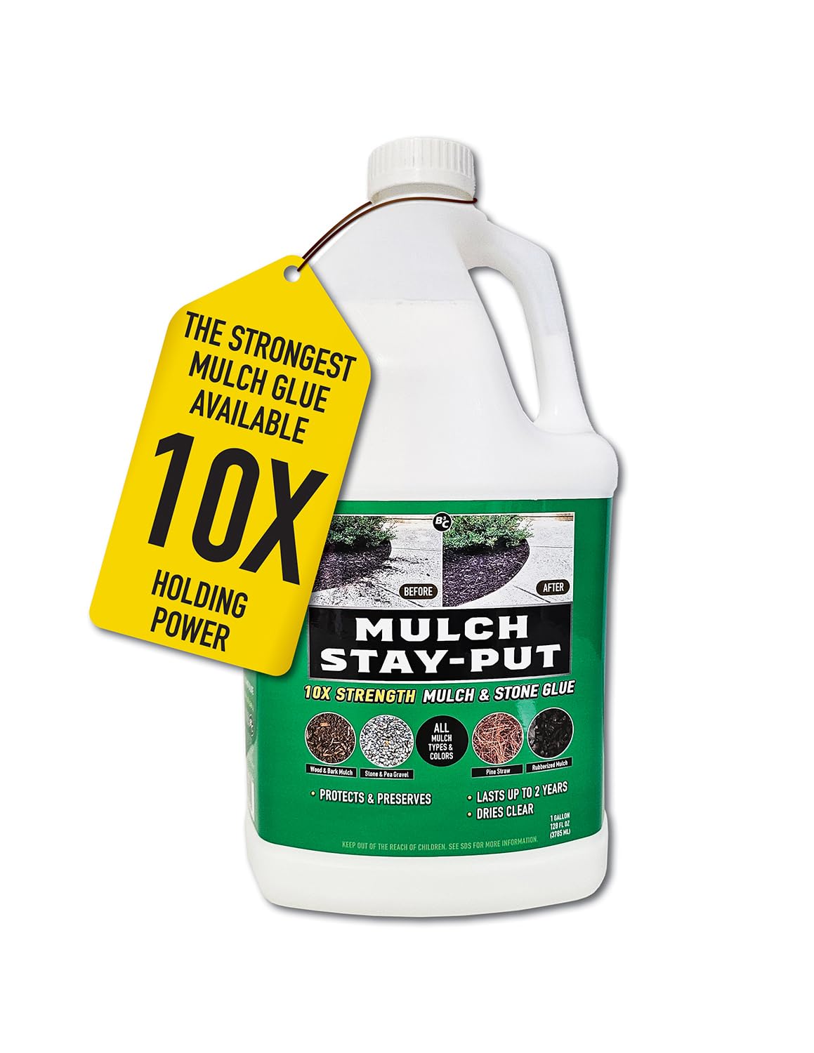 Mulch Stay-Put Mulch Glue, Stone Glue & Preservative for Landscaping. 128oz. Preserves and Protects All Types and Colors of Mulch, Stone, and Pine Straw, Lasts up to 2 yrs, Dries Clear, Ready to use