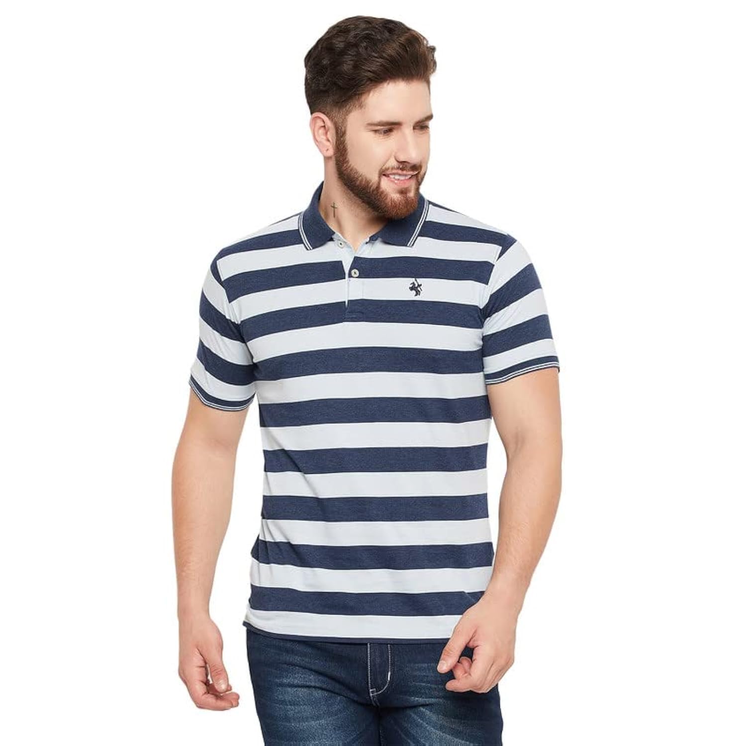 cantabil Men Blue Cotton Blend Polo Neck Half Sleeve Striped T-Shirt (P_MTSH00303_BLUEMELANGE)-picture-23