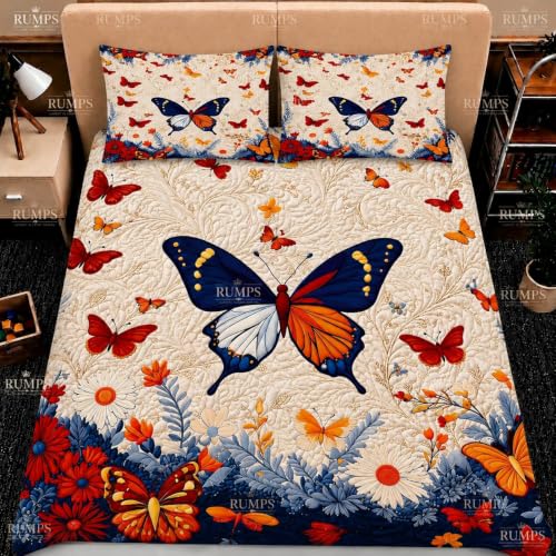 Image of RUMPS 7D HD Digital Printed Butterfly Floral King Size Bedsheet with 2 Pillow Covers | Luxury Butterfly Flower Bedding Set 90x100 Inch