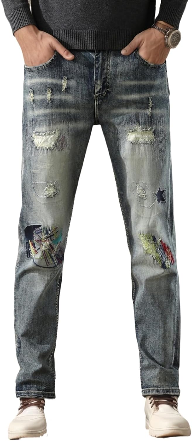 Men's Hip Hop Ripped Straight Distressed Embroidery Ripped Denim Slim Fit Straight Leg Biker Jeans