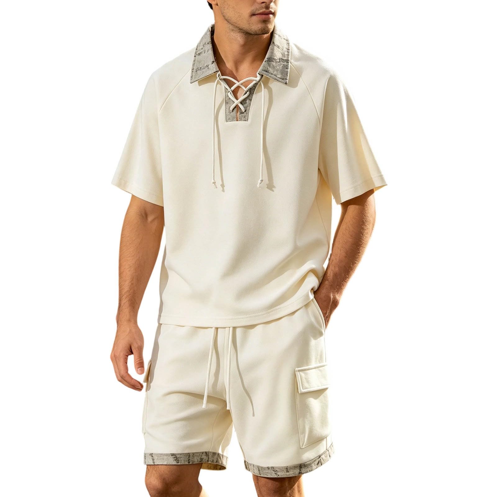 Tuta da jogging da uomo, 2 pezzi, casual, estiva, con polo, pantaloncini, con coulisse, risvolto, tuta da allenamento, per attività all'aperto, tempo libero, abbigliamento sportivo