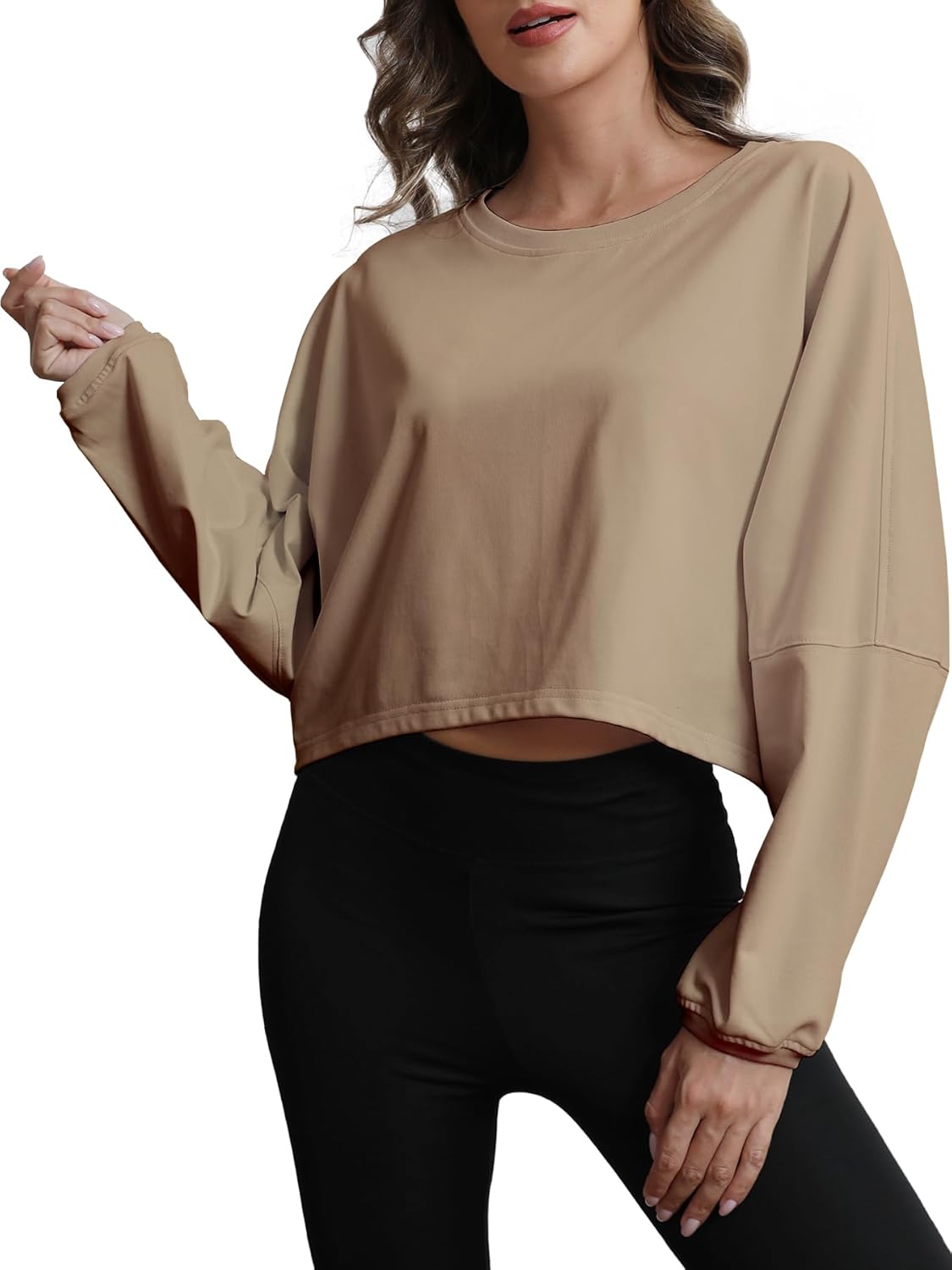 Womens Cropped Sweatshirt Loose Fit Workout Tops - Crewneck Pullover Long Sleeve Casual Fashion Sweaters