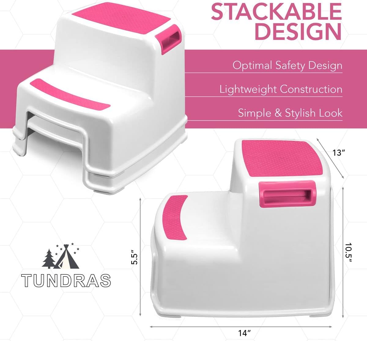 Extra Sturdy Two Step Kids Step Stools - 2 Pack, Pink - Child, Toddler Safety Steps for Bathroom, Kitchen and Toilet Potty Training - Non Slip Feet, Textured Friction Grip, Carrying Handle, Stackable