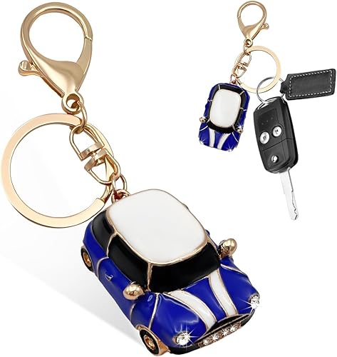Miniatura 9 de Llavero de Coche, Detalle de Rinstones 3D Modelo de Coche Bonito Llavero, Llavero de Metal Mini Cooper con Anillo, Accesorios para Coche (Azul Lago)