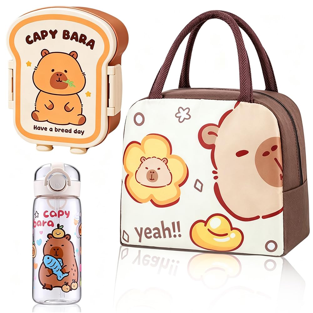 Spiritzohic Capybara Lunch Box, Capybara Bento Box Set with Water Bottles, Lunch Bag Utensils Leakproof Lunchs Containers Lunchbox Drinking Bottle Portability Snack Boxes for School,Picnic Animal