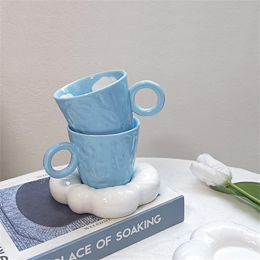 Hand Painted Ceramic Coffee Cup Saucer Set Cute Sky And White Handmade Clouds Mugs Simple Breakfast Cups(D)