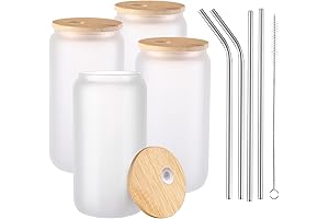 Frosted Can Glass with Bamboo Lid and Straw Set of 4