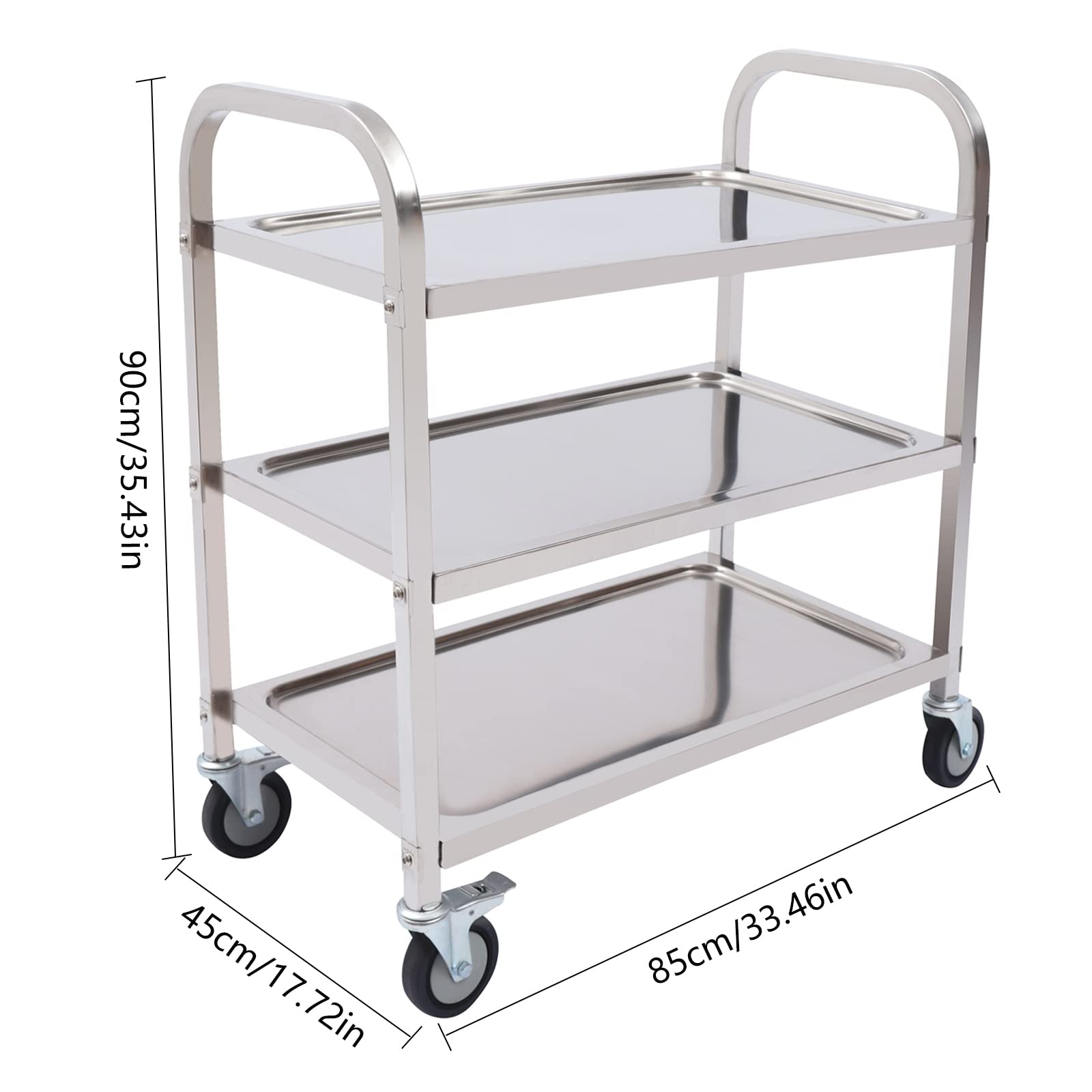 Carro de servicio con ruedas de acero inoxidable, 3 niveles, capacidad de carga de 25 kg, estantería con frenos, ahorra espacio, 33 x 45 x 90 cm, acero inoxidable pulido 201, para cocina