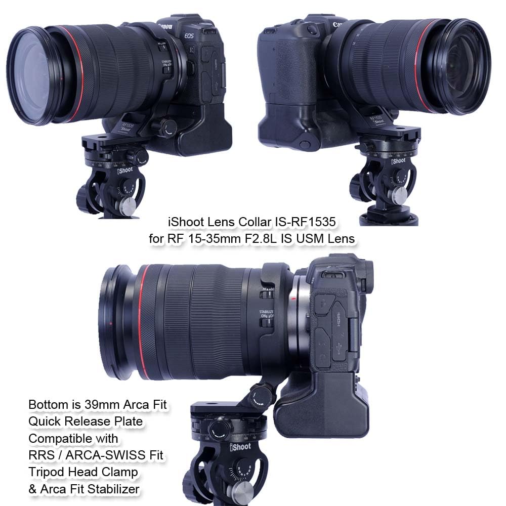 iShoot Bague de fixation pour trépied compatible avec Canon RF 15-35 mm F2.8L IS USM, support d'objectif inférieur Arca-Swiss Fit Plaque à dégagement rapide pour trépied Arca et stabilisateur