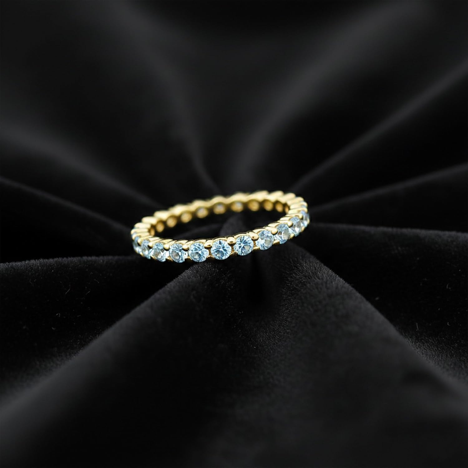 GEMHUB 7.45 Ct Round Cut Blue Aquamarine Eternity Ring 14K Yellow Gold Vermeil Over 925 Sterling Silver Available in US Sizes 4 to 11