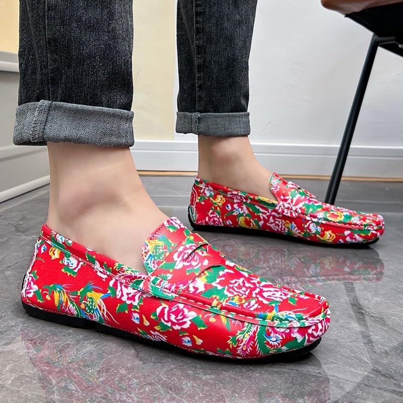 Mens Loafers Shoe Square Toe Leather Floral Two Tone Resistant Anti-Slip Flat Heel Fashion Casual Slip On2