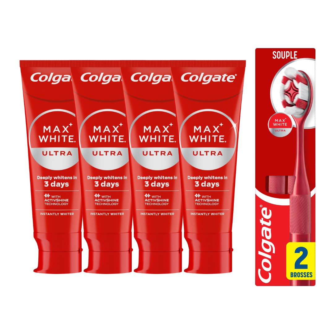 Colgate® MaxWhite Ultra Blancheur - Dentifricio 4 x 75 ml |Duo Spazzolino da denti | Dentifricio Bianchezza Visibile- Elimina in 3 giorni le macchie - Azione profonda - Tecnologia ActivShine