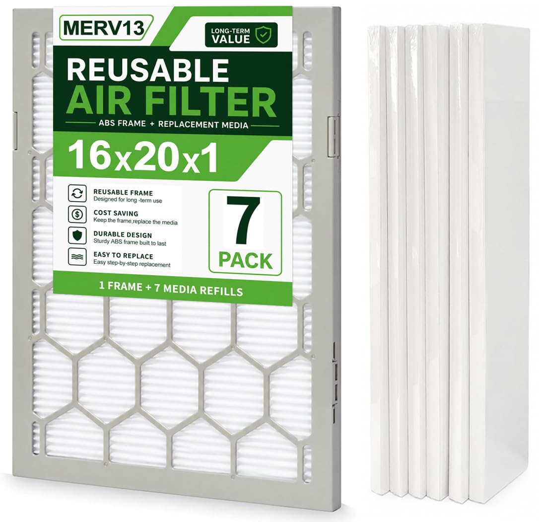 Filtro de aire reutilizable HVAC, marco de plástico ABS con 7 medios de filtro de repuesto, sistema de filtro plisado reemplazable para rejillas de ventilación de horno de CA (16 x 20 x 1