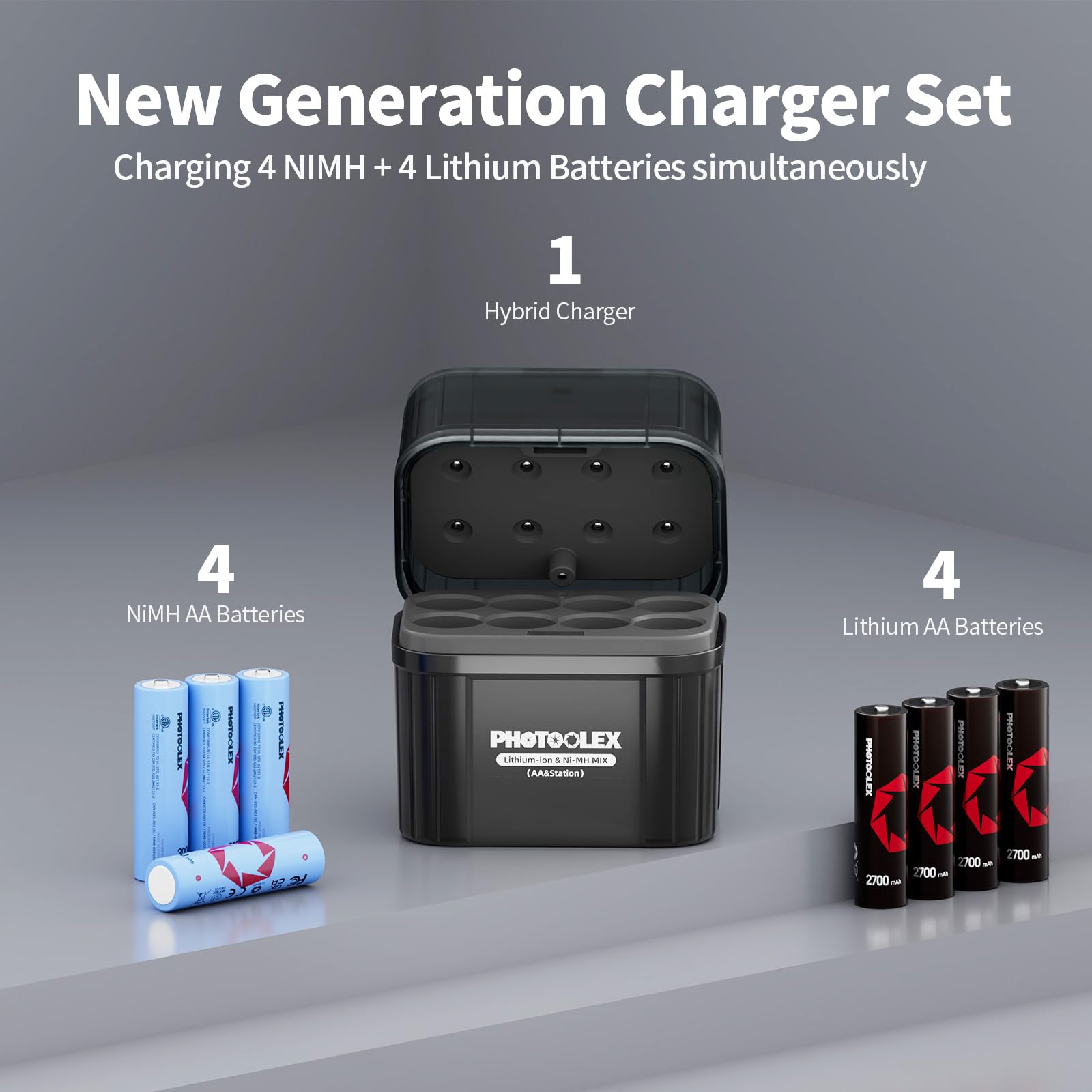 Akumulatory AA z ładowarką hybrydową, 3000 mWh litowe 1,5 V baterie AA 4 sztuki i 2700 mAh NiMH 1,2 V AA 4 sztuki, zintegrowane pudełko do przechowywania akumulatorów NiMH aA i litu Aa