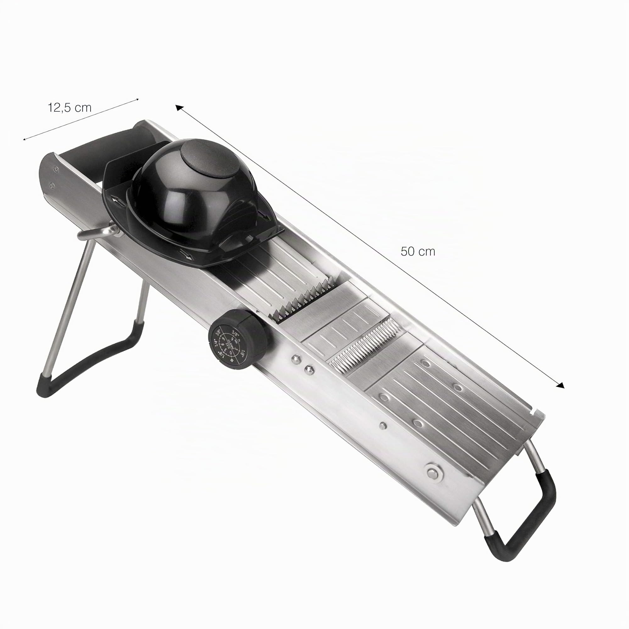 Lacor - 60357 - Mandoline, Mit Edelstahl Schwenkschutz und Klingen, rutschfeste Füße und Griff, ideal zum Schneiden Kartoffeln, Gemüse, Obst, professionelle Küche, 12,5 x 50 cm, Edelstahl