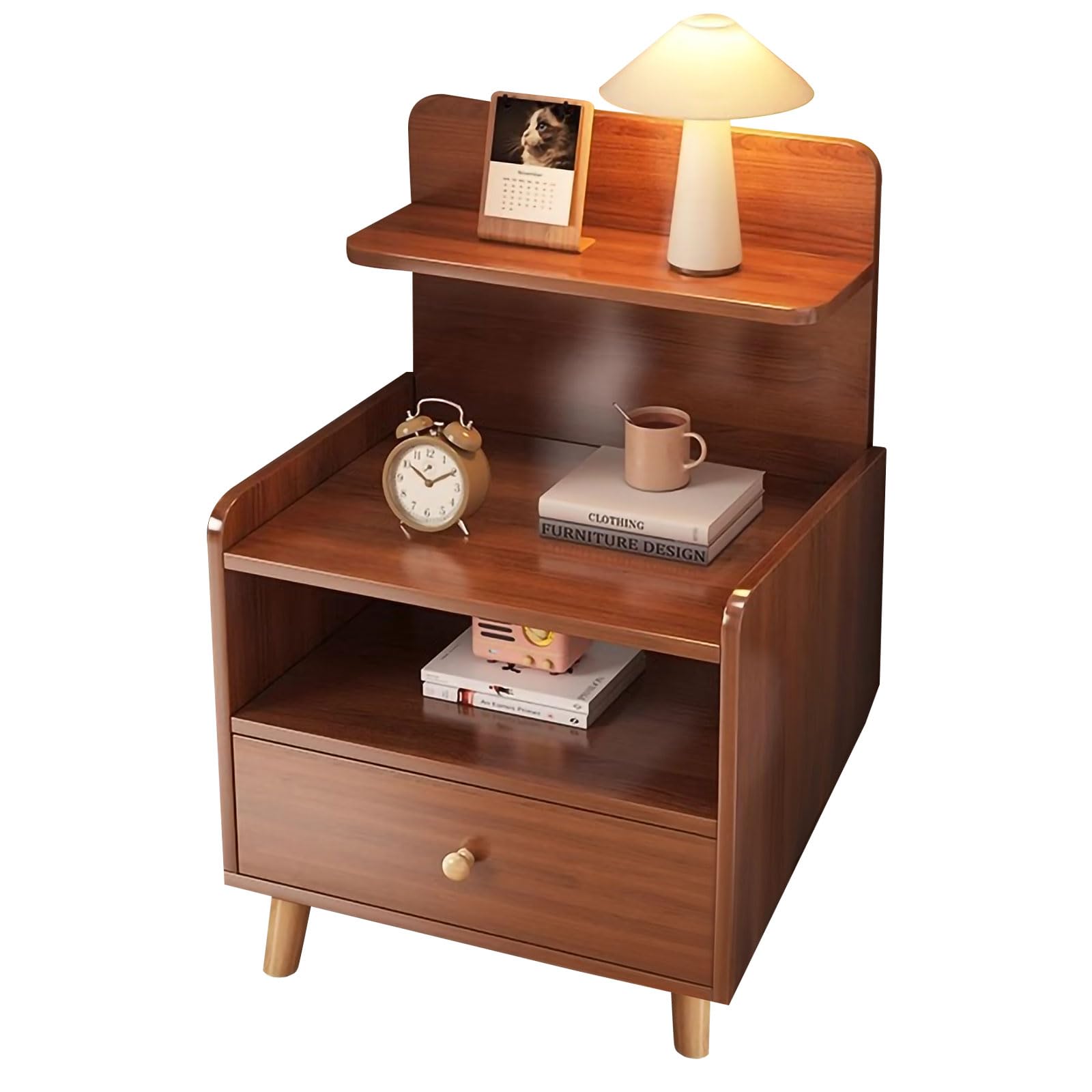 Solid Wood Nightstand with Drawers, Nightstand with Open Sliding Shelves, Mid-Century Modern Nightstand, Bedroom Side Table (Walnut)