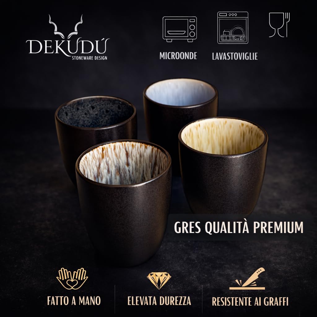 Set Tazzine Caffe Particolari Tazzine da Caffè Nere in Ceramica in Gres di Qualità - Realizzata a mano - 4 pezzi 100 ml - Elevata durezza-Lavabile in lavastoviglie microonde -Stile moderno Nero